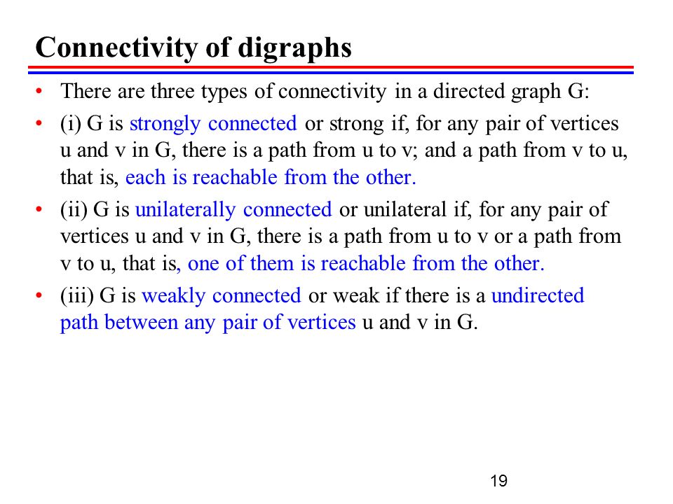 Connectivity of digraphs There are three types of connectivity in a directed graph G: (i) G is strongly connected or strong if, for any pair of vertices u and v in G, there is a path from u to v; and a path from v to u, that is, each is reachable from the other.