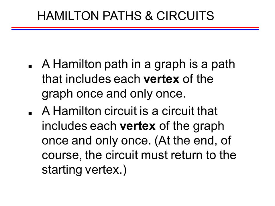 ■ A Hamilton path in a graph is a path that includes each vertex of the graph once and only once.