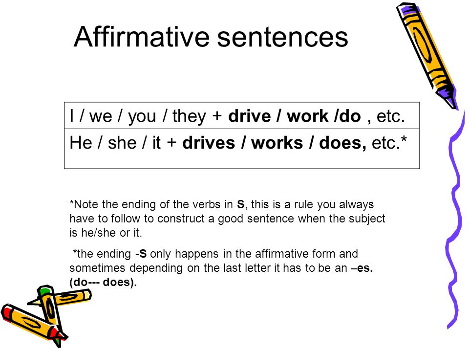 Affirmative sentences I / we / you / they + drive / work /do, etc.