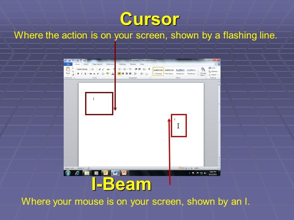 Cursor Where the action is on your screen, shown by a flashing line.