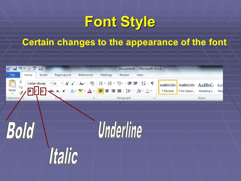 Font Style Certain changes to the appearance of the font