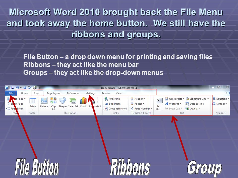 Microsoft Word 2010 brought back the File Menu and took away the home button.