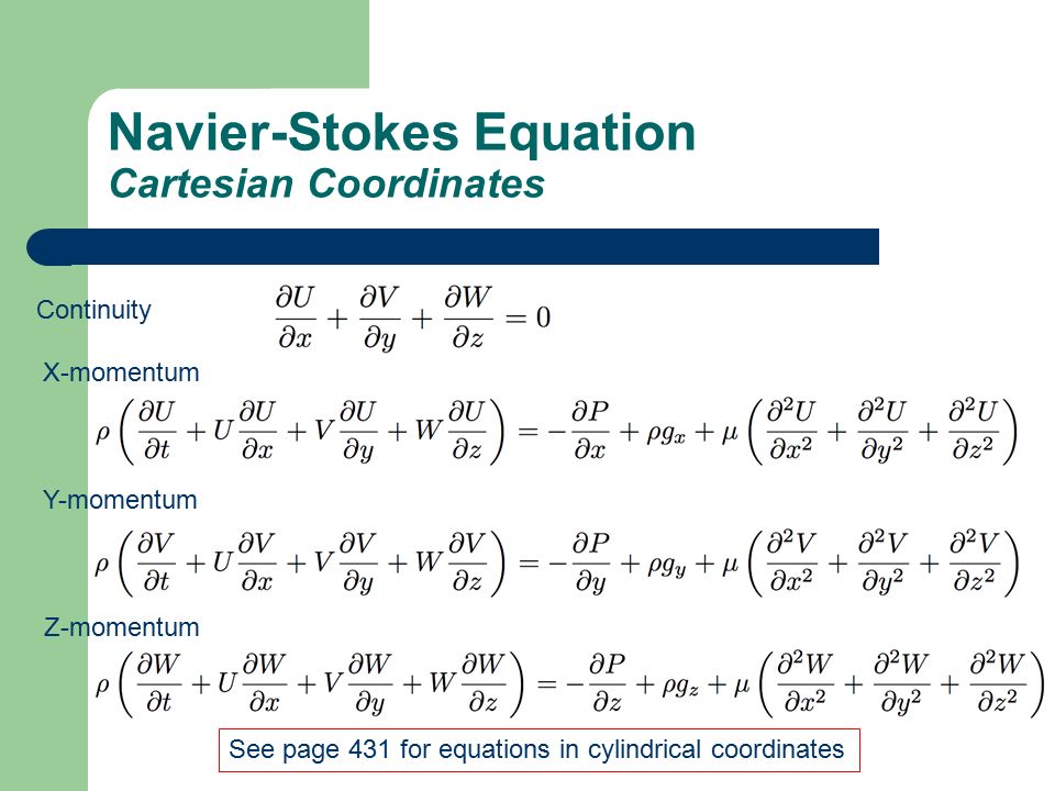 Chapter 9 Diffeial Analysis Of Fluid Flow School 32 Navier Stokes Equation Cartesian Coordinates Continuity X Momentum Y Z See Page 431 For Equations In Cylindrical
