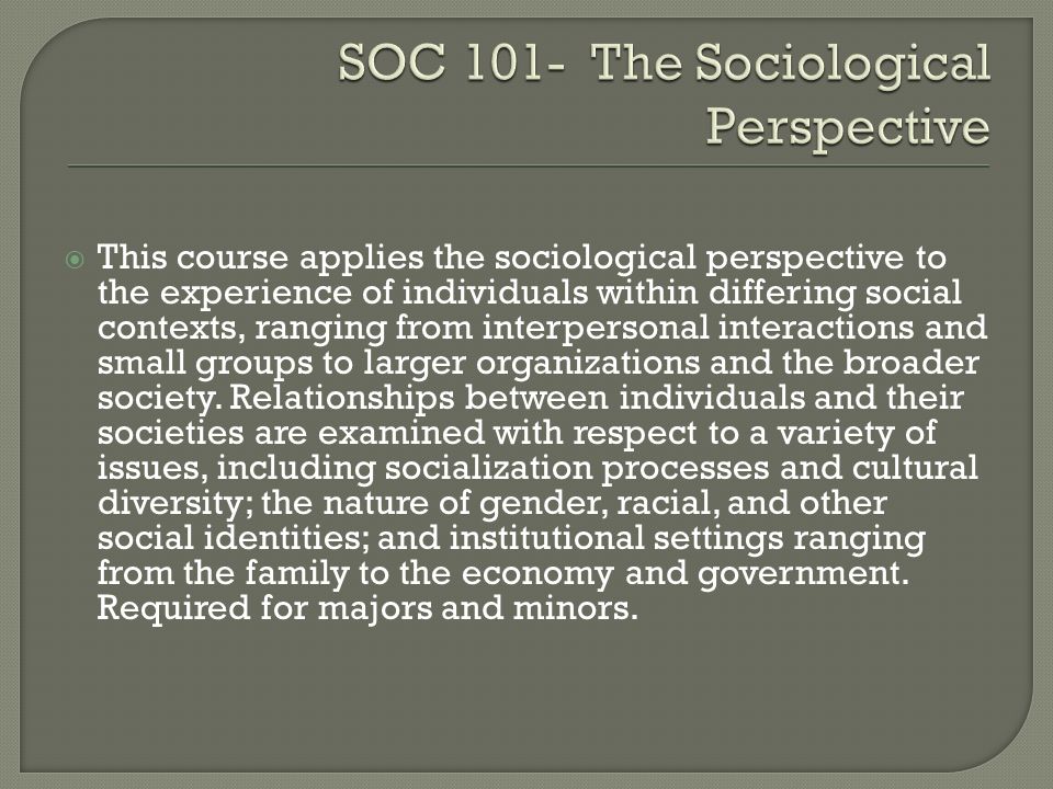  This course applies the sociological perspective to the experience of individuals within differing social contexts, ranging from interpersonal interactions and small groups to larger organizations and the broader society.