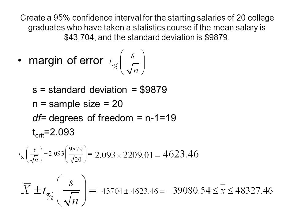 Create a 95% confidence interval for the starting salaries of 20 college graduates who have taken a statistics course if the mean salary is $43,704, and the standard deviation is $9879.