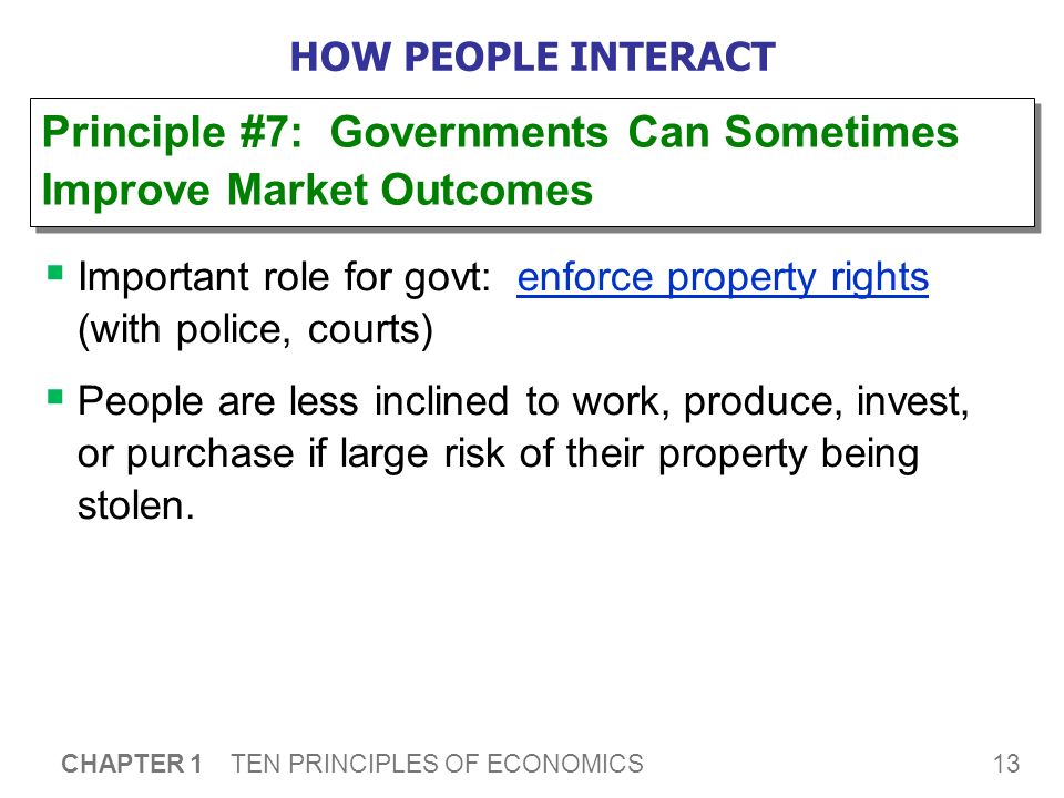 13 CHAPTER 1 TEN PRINCIPLES OF ECONOMICS HOW PEOPLE INTERACT  Important role for govt: enforce property rights (with police, courts)  People are less inclined to work, produce, invest, or purchase if large risk of their property being stolen.