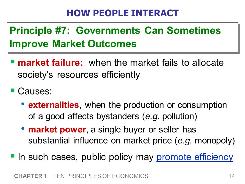 14 CHAPTER 1 TEN PRINCIPLES OF ECONOMICS HOW PEOPLE INTERACT  market failure: when the market fails to allocate society’s resources efficiently  Causes: externalities, when the production or consumption of a good affects bystanders (e.g.