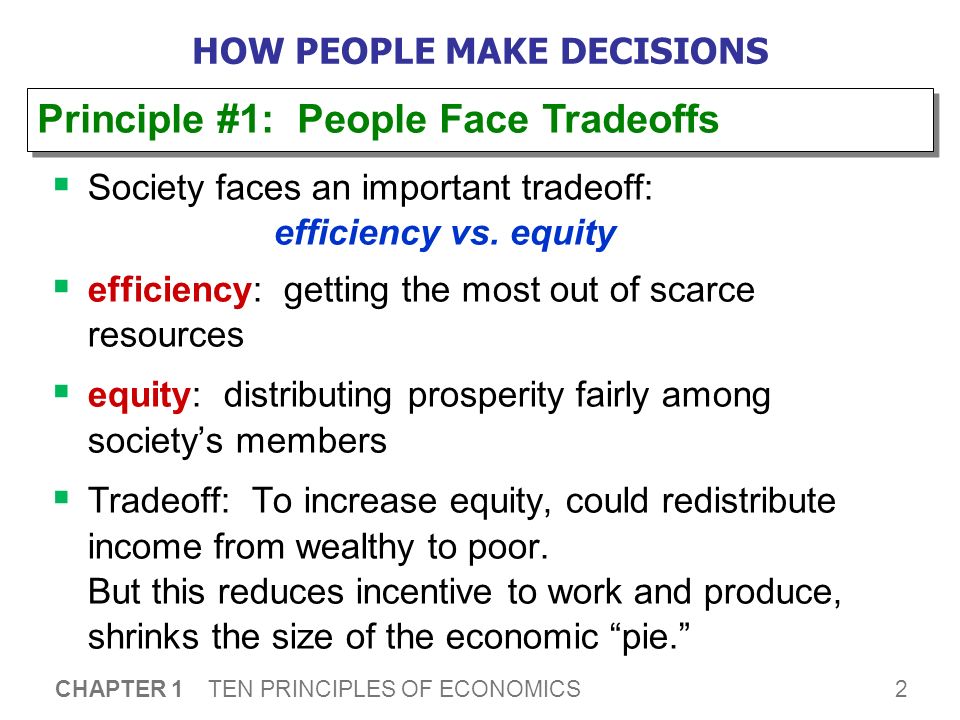 2 CHAPTER 1 TEN PRINCIPLES OF ECONOMICS HOW PEOPLE MAKE DECISIONS  Society faces an important tradeoff: efficiency vs.