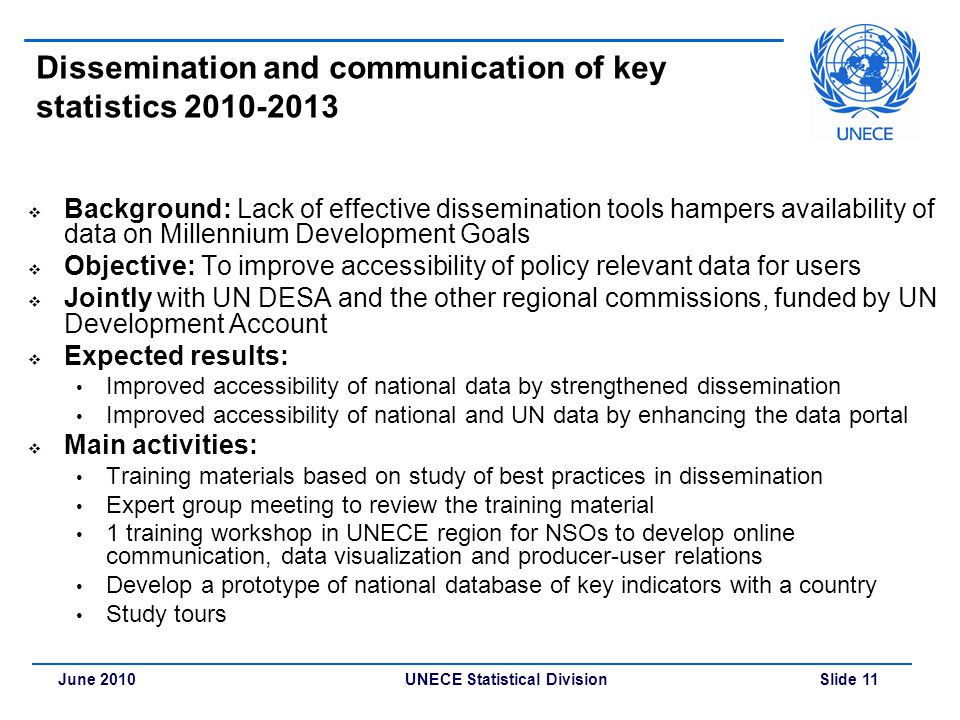 UNECE Statistical Division Slide 11June 2010 Dissemination and communication of key statistics  Background: Lack of effective dissemination tools hampers availability of data on Millennium Development Goals  Objective: To improve accessibility of policy relevant data for users  Jointly with UN DESA and the other regional commissions, funded by UN Development Account  Expected results: Improved accessibility of national data by strengthened dissemination Improved accessibility of national and UN data by enhancing the data portal  Main activities: Training materials based on study of best practices in dissemination Expert group meeting to review the training material 1 training workshop in UNECE region for NSOs to develop online communication, data visualization and producer-user relations Develop a prototype of national database of key indicators with a country Study tours