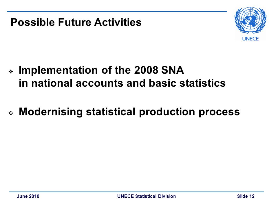 UNECE Statistical Division Slide 12June 2010 Possible Future Activities  Implementation of the 2008 SNA in national accounts and basic statistics  Modernising statistical production process