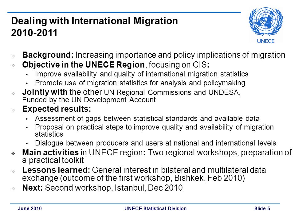 UNECE Statistical Division Slide 5June 2010 Dealing with International Migration  Background: Increasing importance and policy implications of migration  Objective in the UNECE Region, focusing on CIS: Improve availability and quality of international migration statistics Promote use of migration statistics for analysis and policymaking  Jointly with the other UN Regional Commissions and UNDESA, Funded by the UN Development Account  Expected results: Assessment of gaps between statistical standards and available data Proposal on practical steps to improve quality and availability of migration statistics Dialogue between producers and users at national and international levels  Main activities in UNECE region: Two regional workshops, preparation of a practical toolkit  Lessons learned: General interest in bilateral and multilateral data exchange (outcome of the first workshop, Bishkek, Feb 2010)  Next: Second workshop, Istanbul, Dec 2010