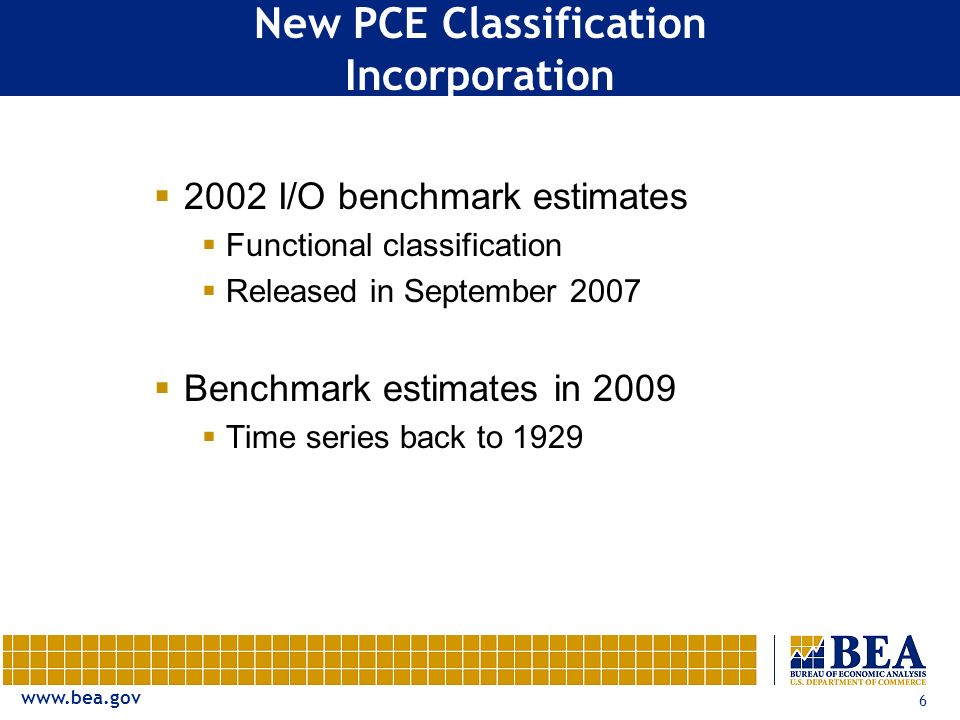 6 New PCE Classification Incorporation  2002 I/O benchmark estimates  Functional classification  Released in September 2007  Benchmark estimates in 2009  Time series back to 1929