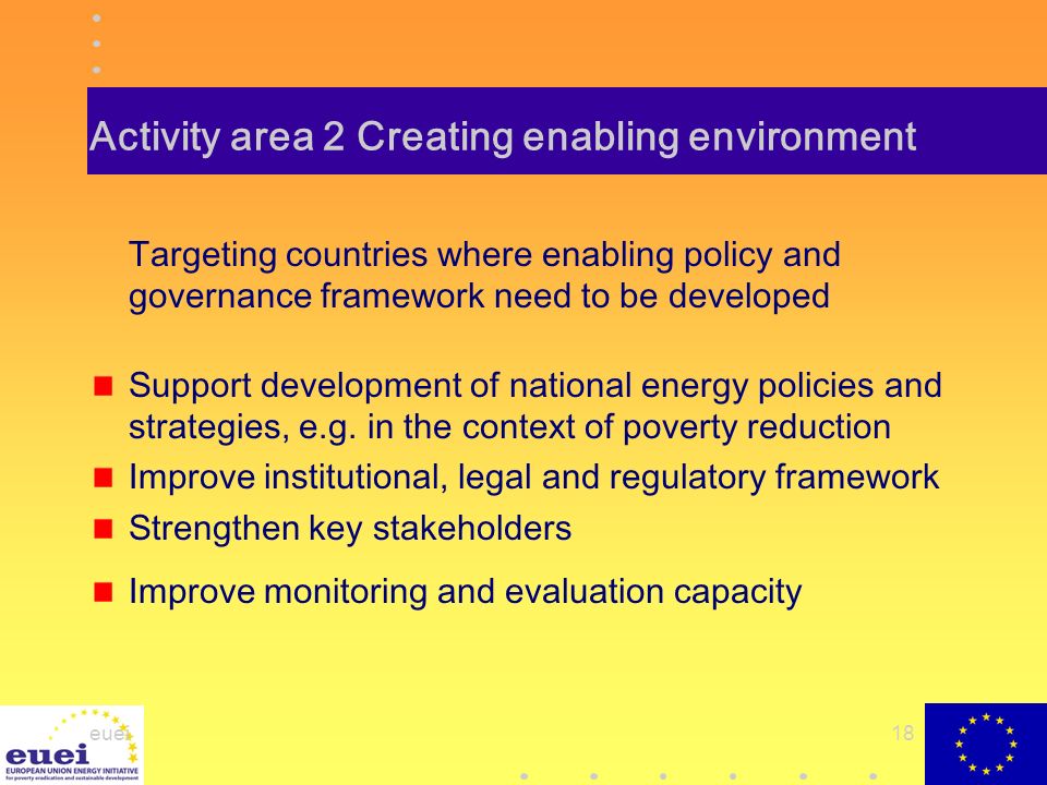 euei18 Activity area 2 Creating enabling environment Targeting countries where enabling policy and governance framework need to be developed Support development of national energy policies and strategies, e.g.