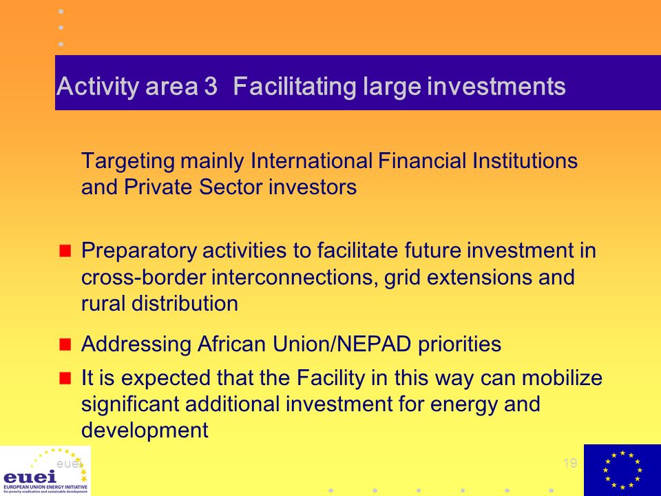 euei19 Activity area 3 Facilitating large investments Targeting mainly International Financial Institutions and Private Sector investors Preparatory activities to facilitate future investment in cross-border interconnections, grid extensions and rural distribution Addressing African Union/NEPAD priorities It is expected that the Facility in this way can mobilize significant additional investment for energy and development