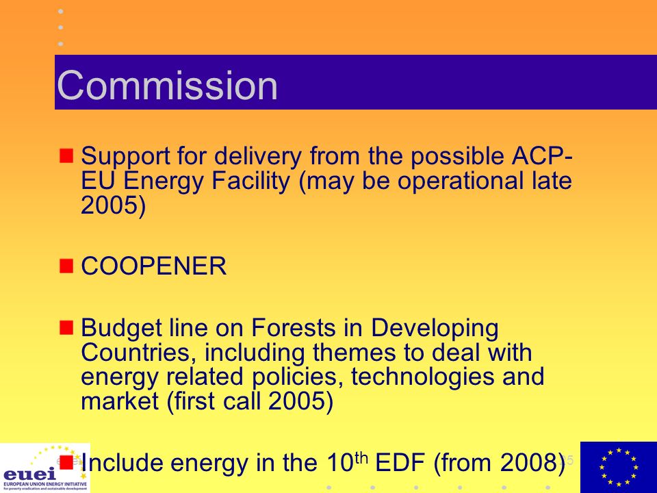 euei25 Commission Support for delivery from the possible ACP- EU Energy Facility (may be operational late 2005) COOPENER Budget line on Forests in Developing Countries, including themes to deal with energy related policies, technologies and market (first call 2005) Include energy in the 10 th EDF (from 2008)
