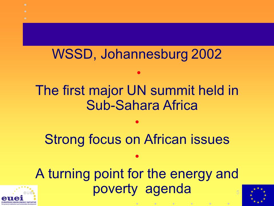 euei5 WSSD, Johannesburg 2002 The first major UN summit held in Sub-Sahara Africa Strong focus on African issues A turning point for the energy and poverty agenda