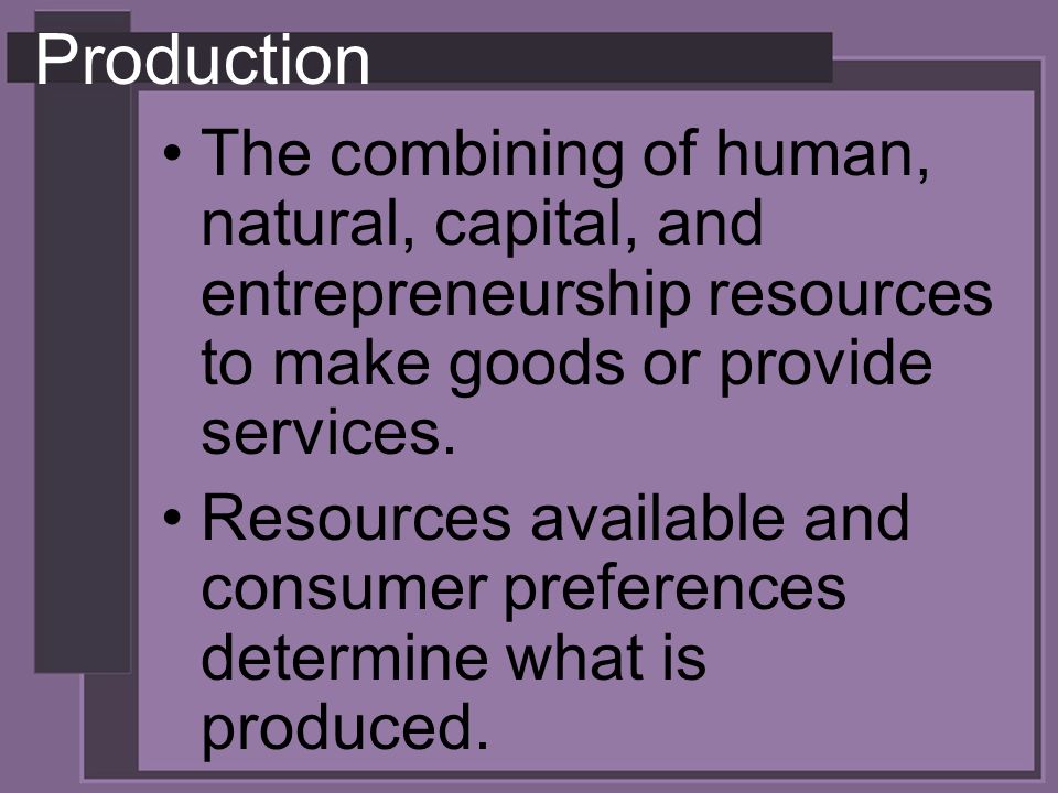 Production The combining of human, natural, capital, and entrepreneurship resources to make goods or provide services.