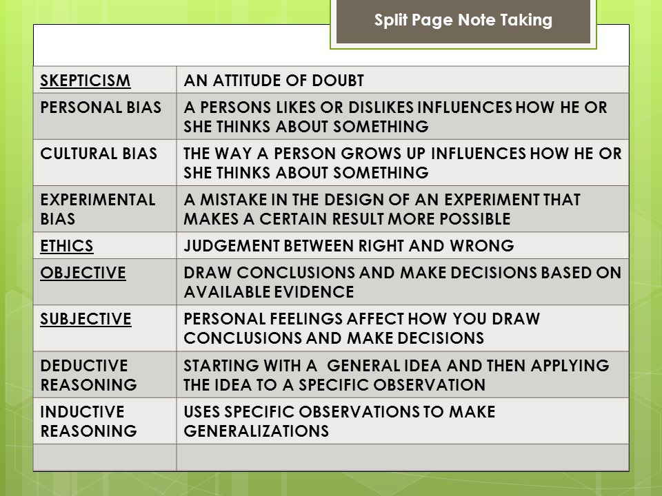 Split Page Note Taking SKEPTICISMAN ATTITUDE OF DOUBT PERSONAL BIASA PERSONS LIKES OR DISLIKES INFLUENCES HOW HE OR SHE THINKS ABOUT SOMETHING CULTURAL BIASTHE WAY A PERSON GROWS UP INFLUENCES HOW HE OR SHE THINKS ABOUT SOMETHING EXPERIMENTAL BIAS A MISTAKE IN THE DESIGN OF AN EXPERIMENT THAT MAKES A CERTAIN RESULT MORE POSSIBLE ETHICSJUDGEMENT BETWEEN RIGHT AND WRONG OBJECTIVEDRAW CONCLUSIONS AND MAKE DECISIONS BASED ON AVAILABLE EVIDENCE SUBJECTIVEPERSONAL FEELINGS AFFECT HOW YOU DRAW CONCLUSIONS AND MAKE DECISIONS DEDUCTIVE REASONING STARTING WITH A GENERAL IDEA AND THEN APPLYING THE IDEA TO A SPECIFIC OBSERVATION INDUCTIVE REASONING USES SPECIFIC OBSERVATIONS TO MAKE GENERALIZATIONS