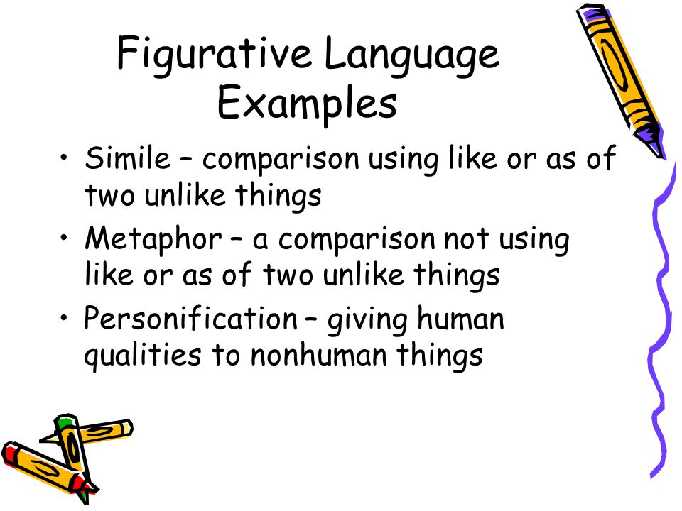 Figurative Language Examples Simile – comparison using like or as of two unlike things Metaphor – a comparison not using like or as of two unlike things Personification – giving human qualities to nonhuman things