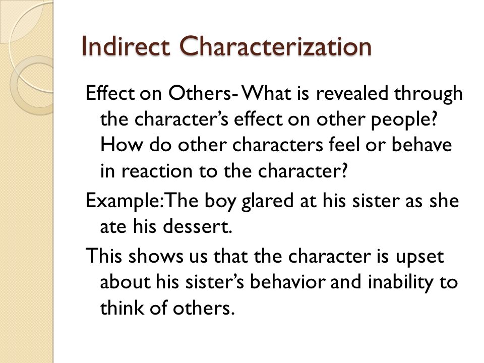 Indirect Characterization Effect on Others- What is revealed through the character’s effect on other people.