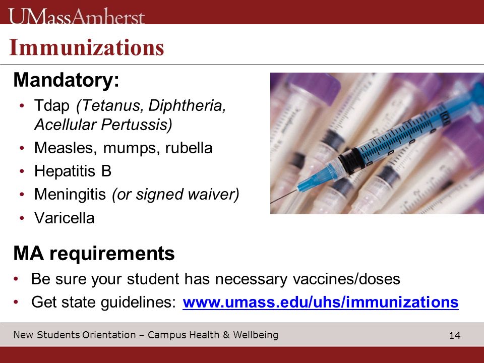 14 New Students Orientation – Campus Health & Wellbeing Immunizations Mandatory: Tdap (Tetanus, Diphtheria, Acellular Pertussis) Measles, mumps, rubella Hepatitis B Meningitis (or signed waiver) Varicella MA requirements Be sure your student has necessary vaccines/doses Get state guidelines: