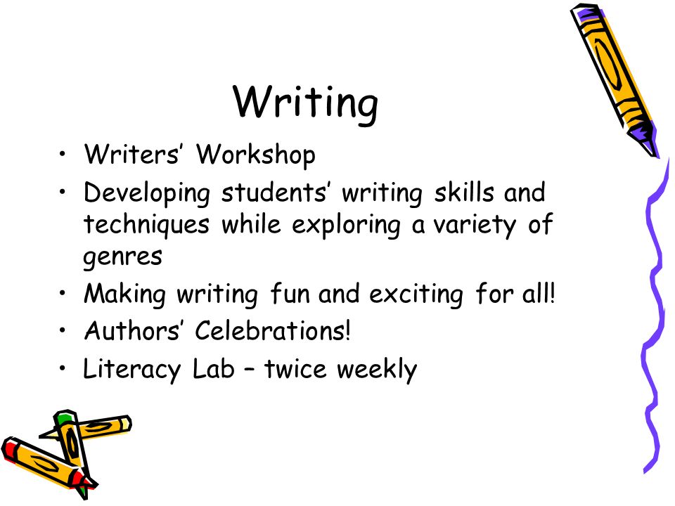 Writing Writers’ Workshop Developing students’ writing skills and techniques while exploring a variety of genres Making writing fun and exciting for all.
