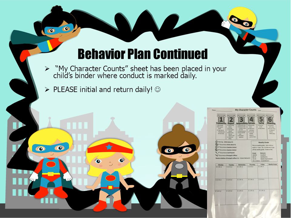  My Character Counts sheet has been placed in your child’s binder where conduct is marked daily.