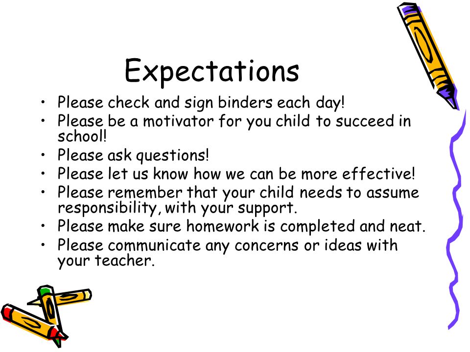 Expectations Please check and sign binders each day.