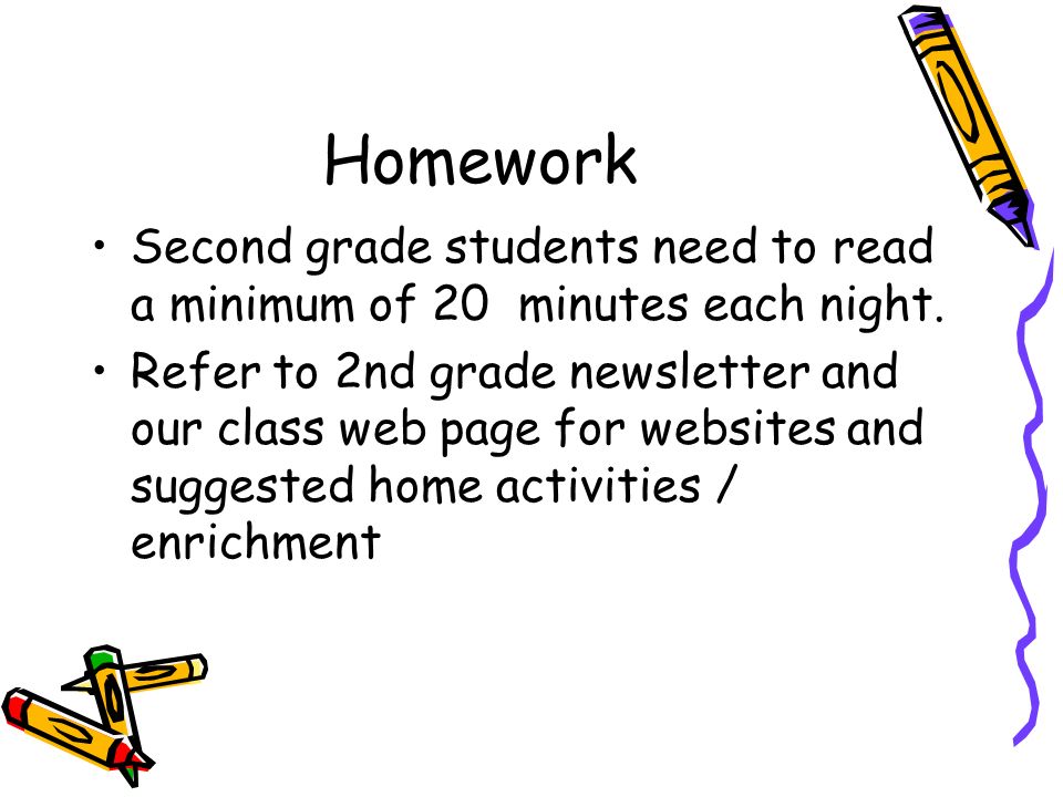 Homework Second grade students need to read a minimum of 20 minutes each night.