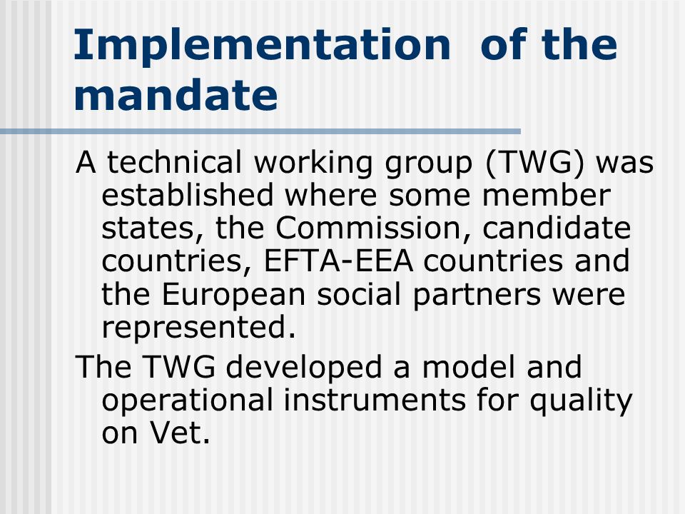 Implementation of the mandate A technical working group (TWG) was established where some member states, the Commission, candidate countries, EFTA-EEA countries and the European social partners were represented.