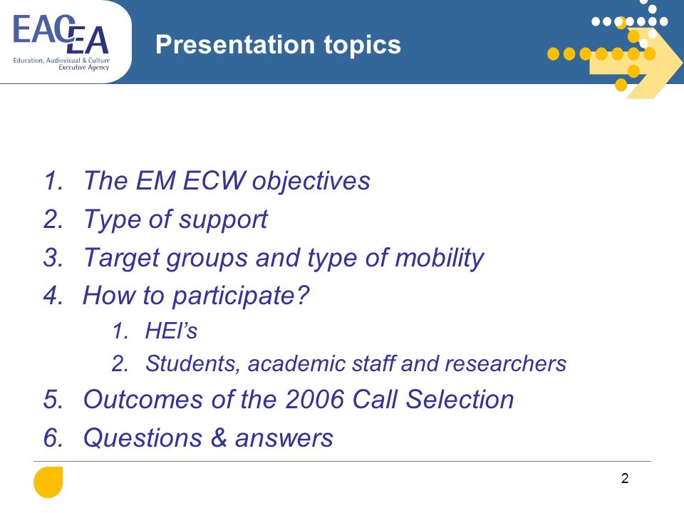 2 Presentation topics 1.The EM ECW objectives 2.Type of support 3.Target groups and type of mobility 4.How to participate.