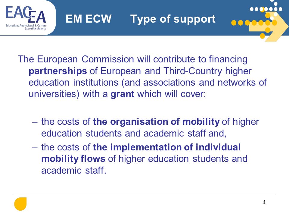 4 EM ECW Type of support The European Commission will contribute to financing partnerships of European and Third-Country higher education institutions (and associations and networks of universities) with a grant which will cover: –the costs of the organisation of mobility of higher education students and academic staff and, –the costs of the implementation of individual mobility flows of higher education students and academic staff.