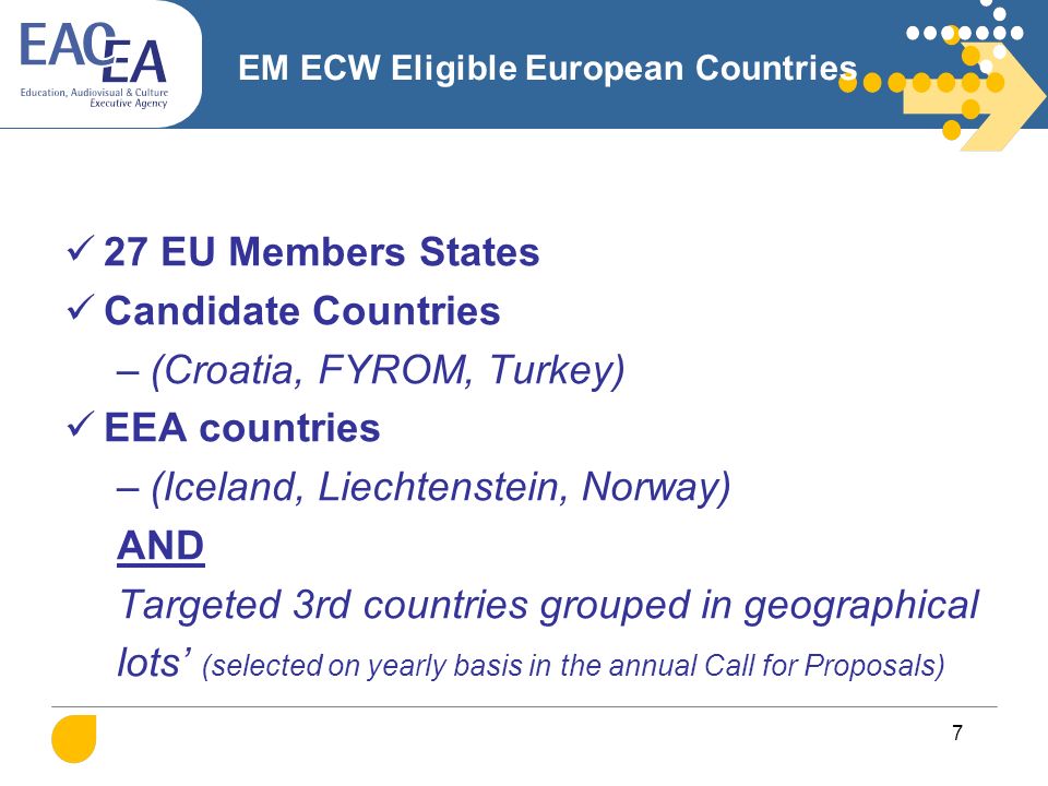 7 EM ECW Eligible European Countries 27 EU Members States Candidate Countries –(Croatia, FYROM, Turkey) EEA countries –(Iceland, Liechtenstein, Norway) AND Targeted 3rd countries grouped in geographical lots’ (selected on yearly basis in the annual Call for Proposals)