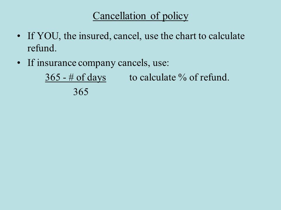 Cancellation of policy If YOU, the insured, cancel, use the chart to calculate refund.