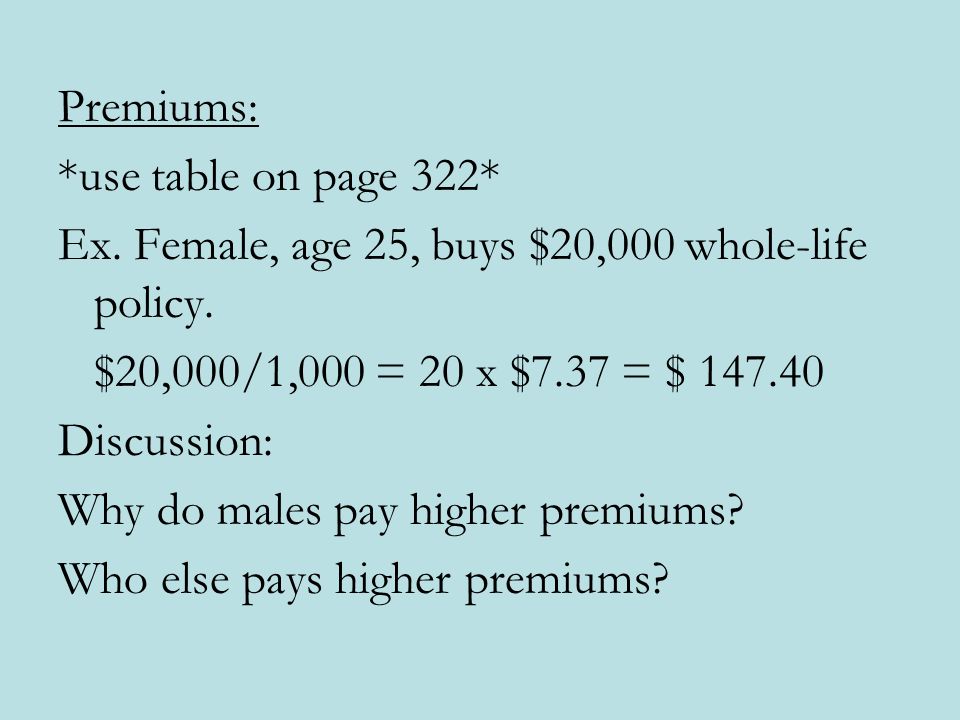 Premiums: *use table on page 322* Ex. Female, age 25, buys $20,000 whole-life policy.