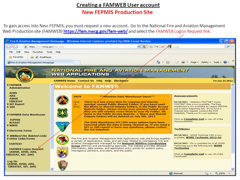 Creating a FAMWEB User account New FEPMIS Production Site To gain access into New FEPMIS, you must request a new account.