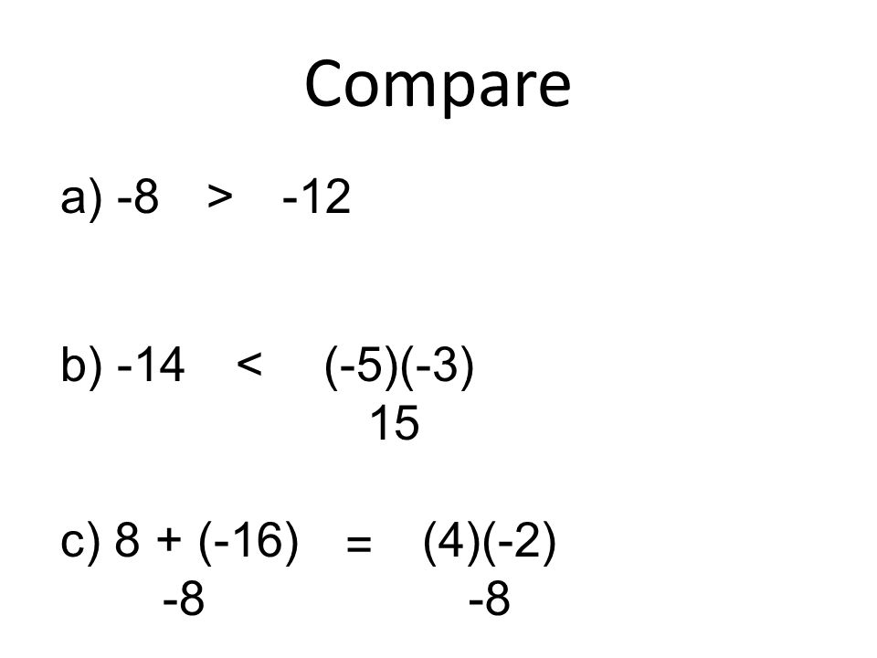 Compare a) b) -14 (-5)(-3) c) 8 + (-16) (4)(-2) > 15 < -8 =