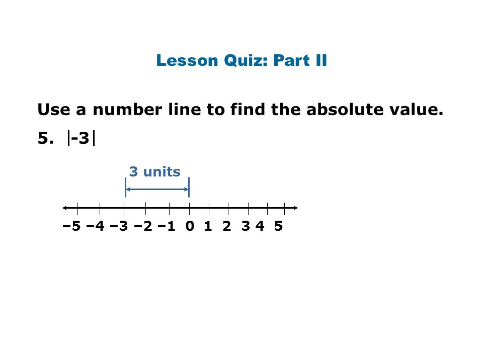 Lesson Quiz: Part II Use a number line to find the absolute value.