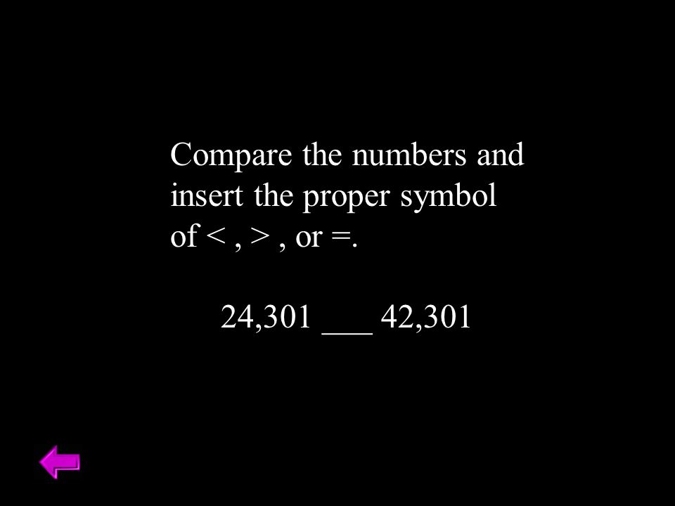 Compare the numbers and insert the proper symbol of, or =. 24,301 ___ 42,301