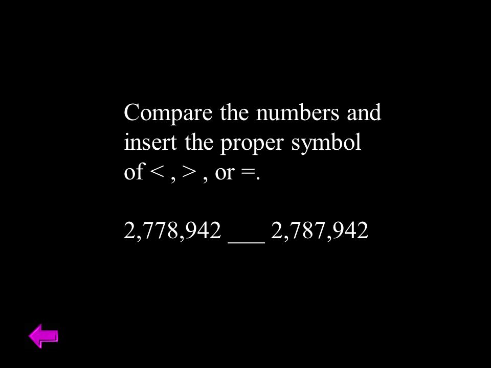 Compare the numbers and insert the proper symbol of, or =. 2,778,942 ___ 2,787,942