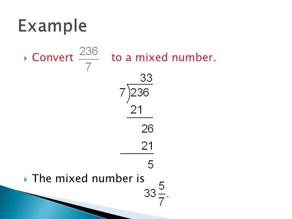  Convert to a mixed number.  The mixed number is