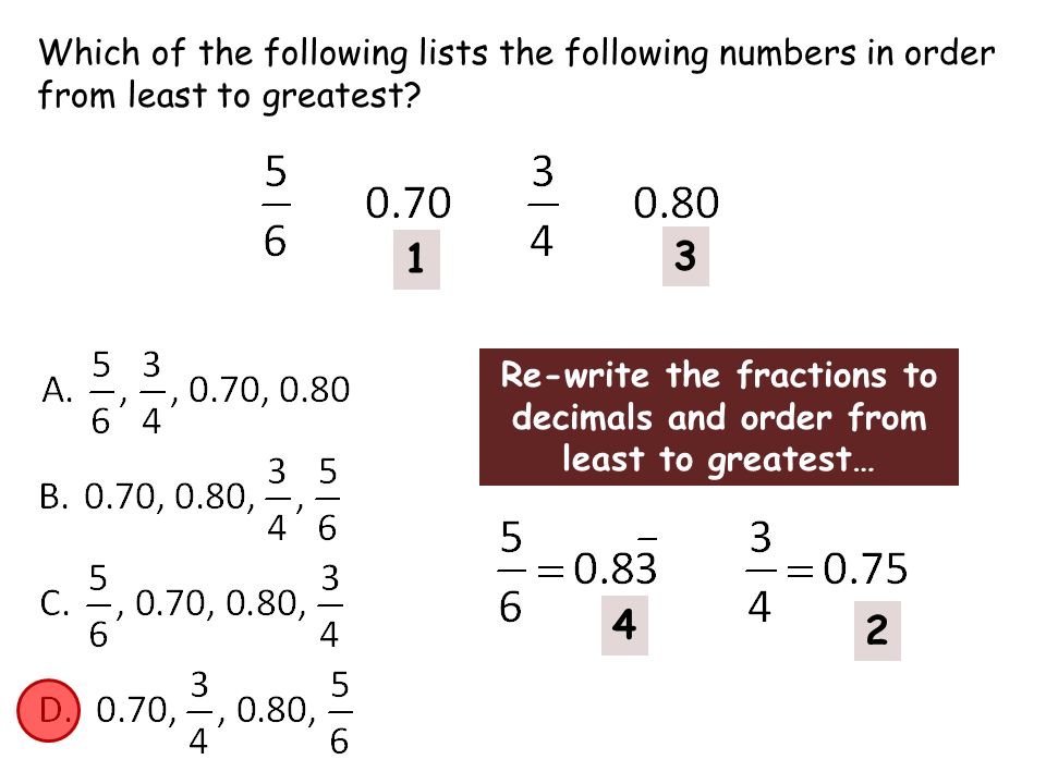 Which of the following lists the following numbers in order from least to greatest.