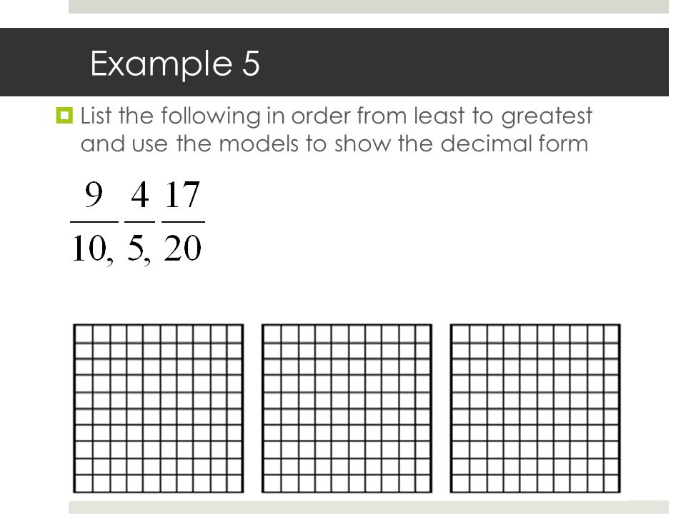 Example 5  List the following in order from least to greatest and use the models to show the decimal form