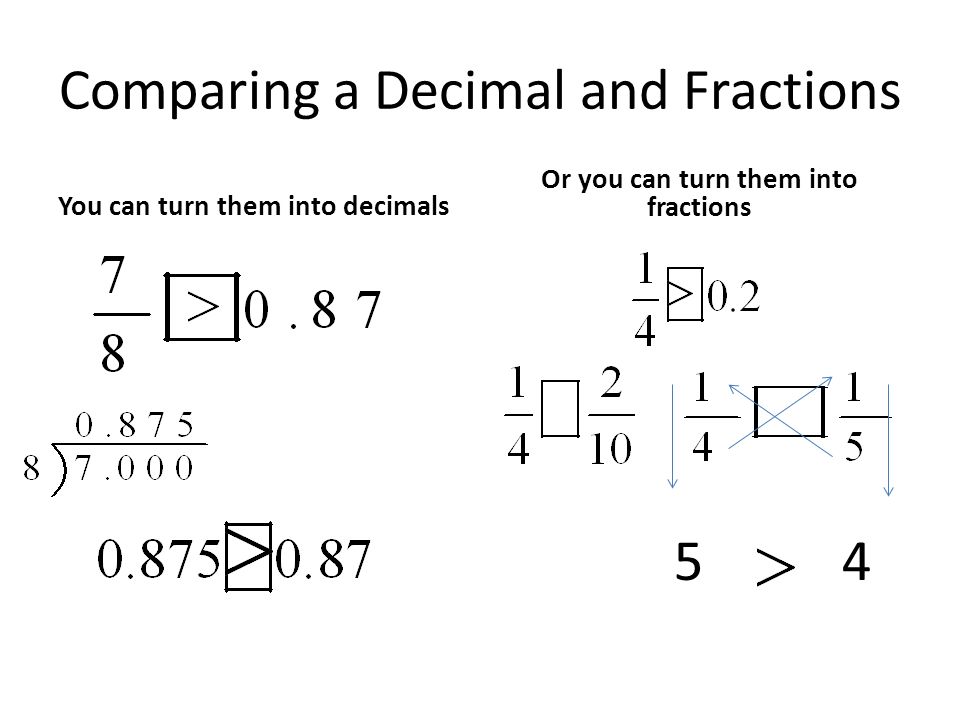 Comparing a Decimal and Fractions You can turn them into decimals Or you can turn them into fractions 54