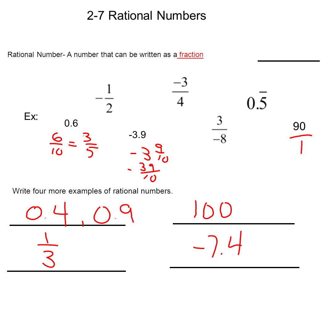 2-7 Rational Numbers Rational Number- A number that can be written as a fraction Ex: Write four more examples of rational numbers.