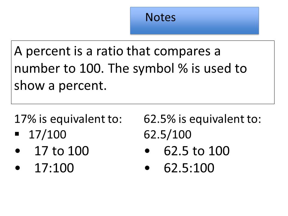 A percent is a ratio that compares a number to 100.