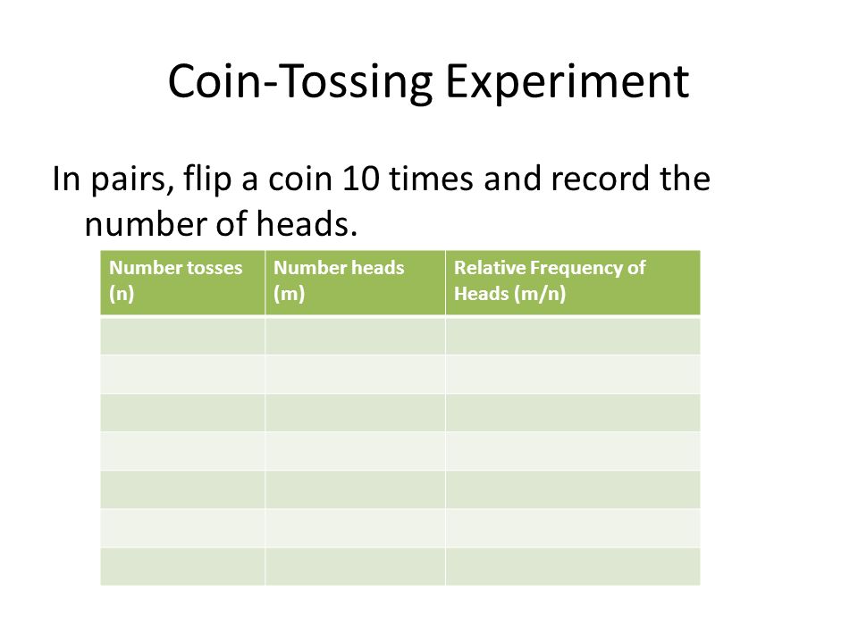 Coin-Tossing Experiment In pairs, flip a coin 10 times and record the number of heads.