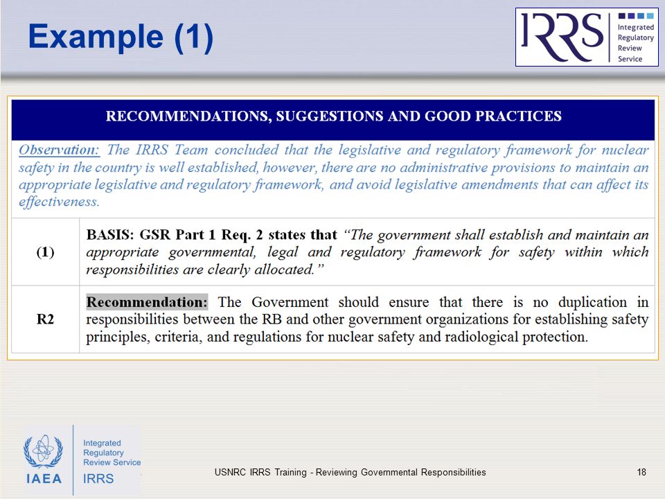 IAEA Example (1) USNRC IRRS Training - Reviewing Governmental Responsibilities18