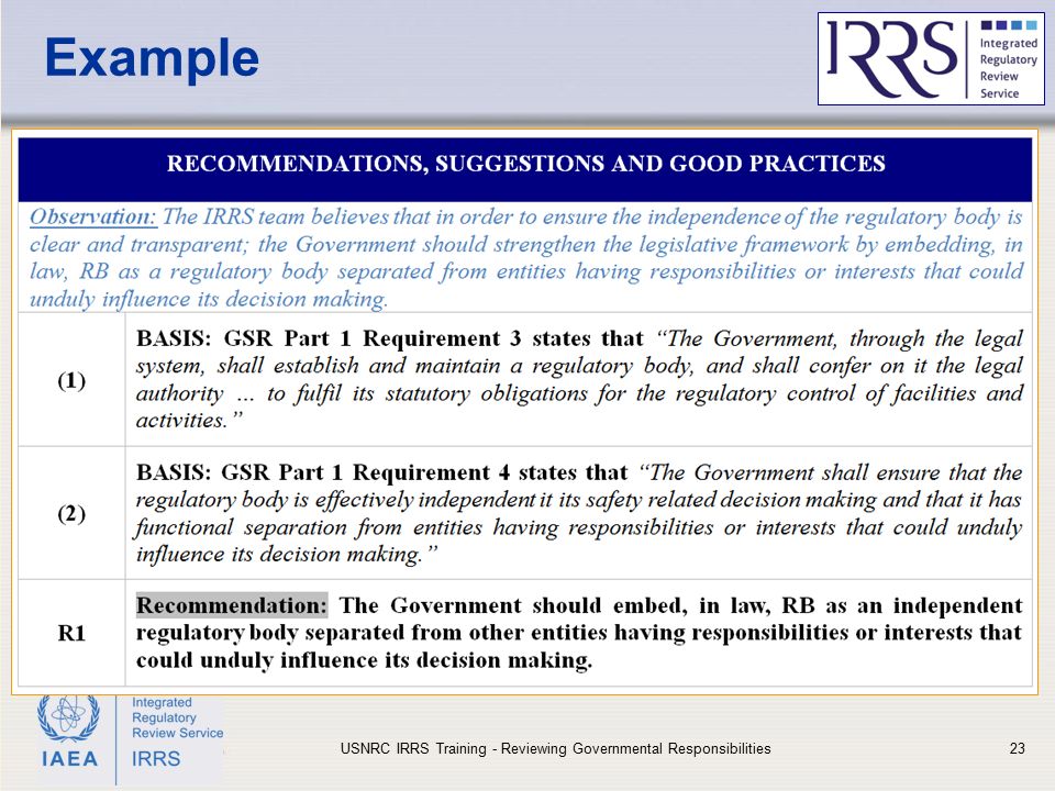 IAEA Example USNRC IRRS Training - Reviewing Governmental Responsibilities23