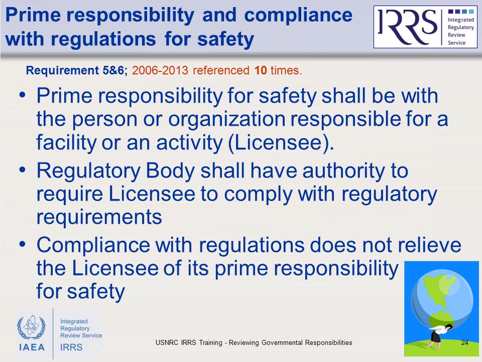 IAEA Prime responsibility and compliance with regulations for safety Prime responsibility for safety shall be with the person or organization responsible for a facility or an activity (Licensee).